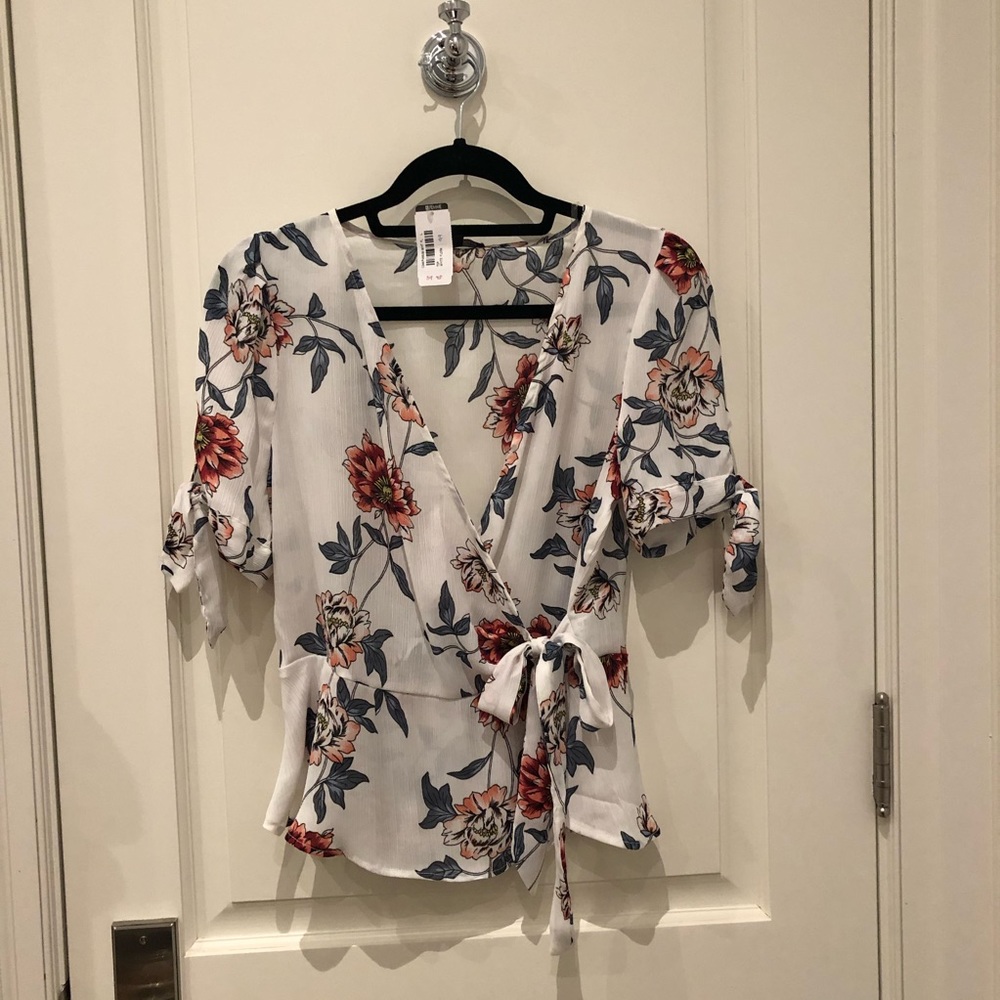 Papermoon White Floral Wrap Blouse with Rust & Navy Accents